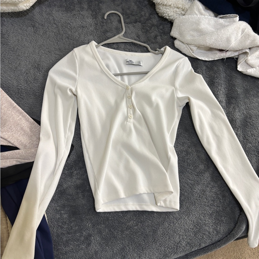 Hollister Cream Long Sleeve Henley Top